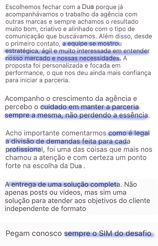 Depoimentos de clientes da Dua Criativa sobre resultados e parceria