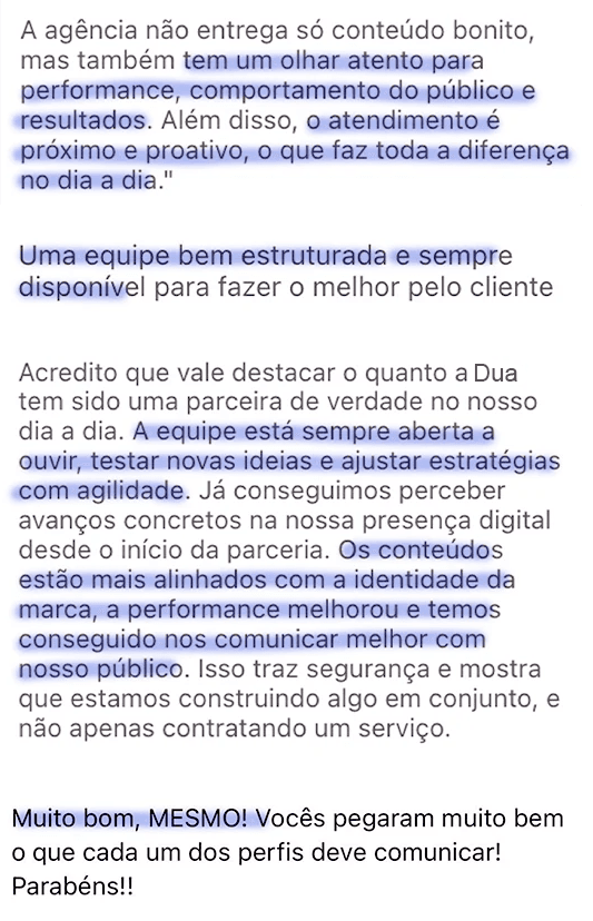 Mais depoimentos de clientes da Dua Criativa sobre crescimento digital